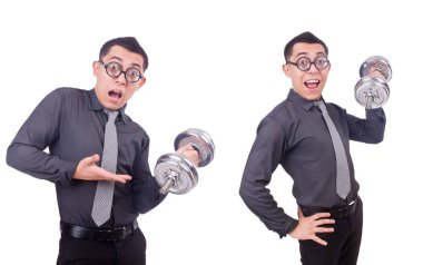 beyaz izole dumbbells ile komik iş adamı