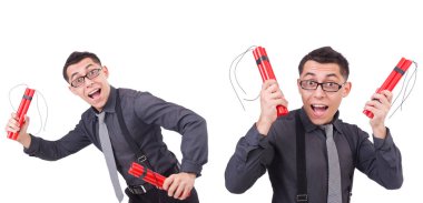 Dinamiti olan bir iş adamı beyazda izole edilmiş.