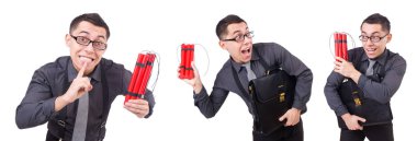 Dinamiti olan bir iş adamı beyazda izole edilmiş.