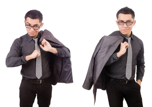 Jeune homme en costume gris isolé sur blanc — Photo