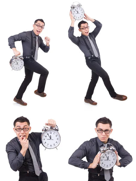 Empresário engraçado com relógio isolado em branco — Fotografia de Stock