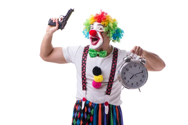 Lustiger Clown mit Wecker auf weißem Hintergrund — Stockfoto
