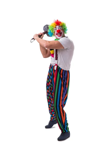 Śmieszny klaun z młotkiem na białym tle — Zdjęcie stockowe