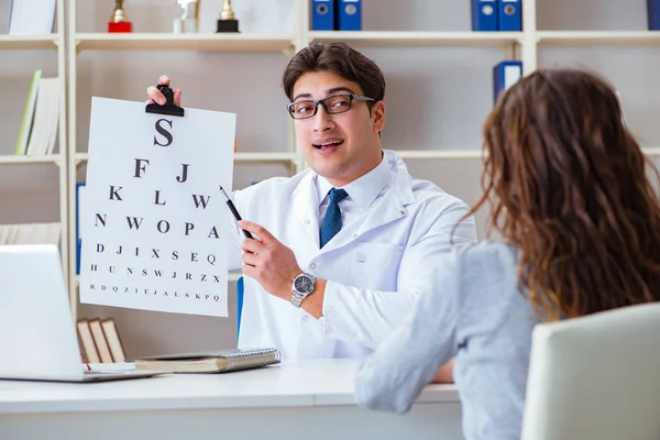 Doctor optician with letter chart conducting an eye test check