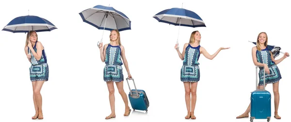 Collage einer Frau mit Regenschirm und Koffer — Stockfoto