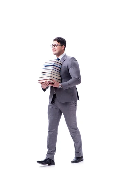 Businessman student carrying holding pile of books isolated on w — Stock Photo, Image