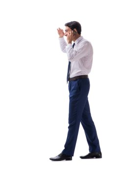 İşadamı yürüme ayakta yan görüntülemek izole üzerinde beyaz backgro
