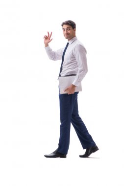 İşadamı yürüme ayakta yan görüntülemek izole üzerinde beyaz backgro