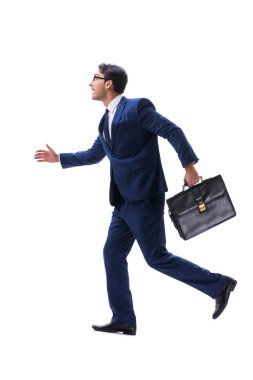 İşadamı yürüme ayakta yan görüntülemek izole üzerinde beyaz backgro