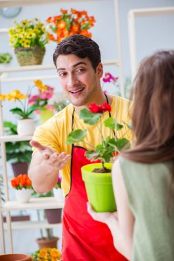 Çiçekçi dükkanında çiçek satıyor.