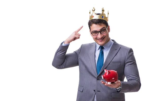 King businessman holding a piggy bank isolated on white backgrou — Stock Photo, Image