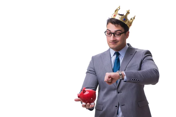 King businessman holding a piggy bank isolated on white backgrou — Stock Photo, Image