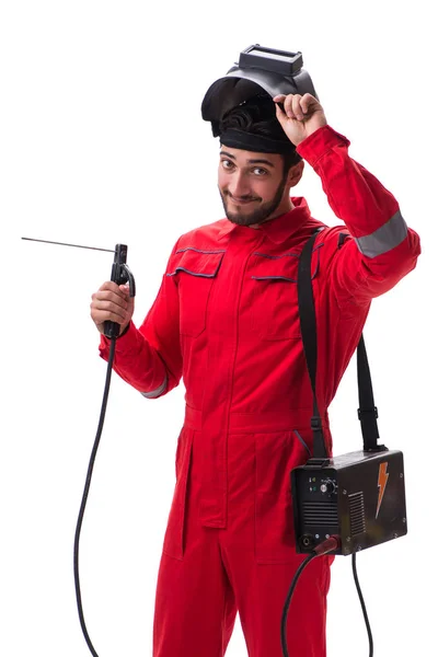 Junger Reparateur mit Schweißpistolenelektrode und Helm — Stockfoto