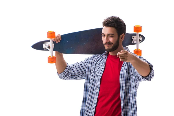 Молодий скейтбордист з довгим скейтбордом ізольований на білому — стокове фото