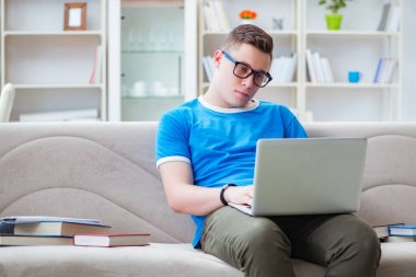 Sınavlara hazırlanan genç öğrenci kanepede ders çalışıyor.