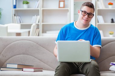 Sınavlara hazırlanan genç öğrenci kanepede ders çalışıyor.