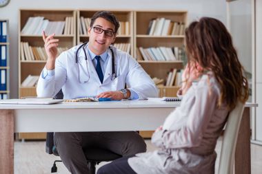 Hamile kadın muayene için doktoru ziyaret ediyor.