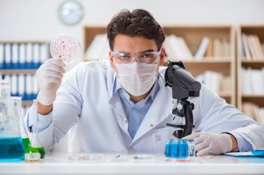 Laboratuvarda virüs aşısı üzerinde çalışan erkek doktor.