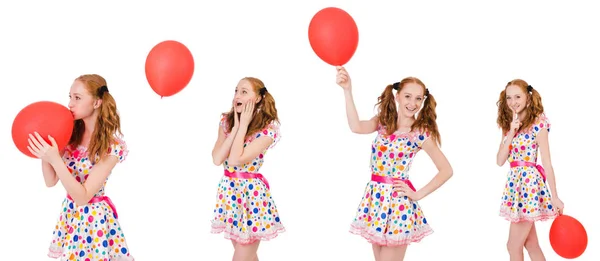 Junge Frau mit rotem Luftballon auf weißem Hintergrund — Stockfoto