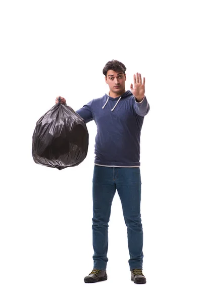 Hombre con saco de basura aislado en blanco — Foto de Stock