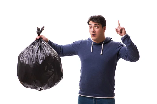 Hombre con saco de basura aislado en blanco — Foto de Stock