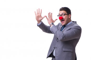 Beyaz arka planda izole komik palyaço işadamı