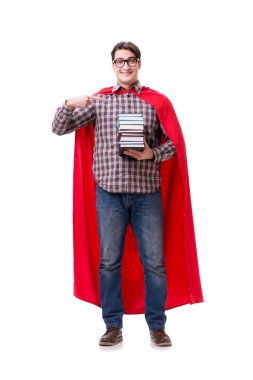 Kitapları beyaza ayrılmış süper kahraman öğrenci.