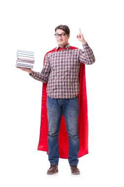 Kitapları beyaza ayrılmış süper kahraman öğrenci.