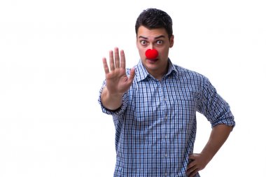 Beyaz arka planda izole komik bir palyaço.