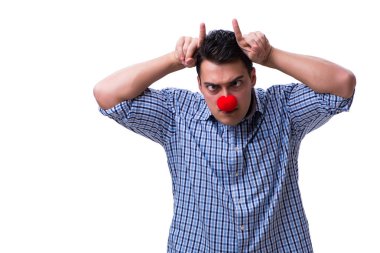 Beyaz arka planda izole komik bir palyaço.