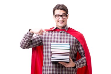 Kitapları beyaza ayrılmış süper kahraman öğrenci.