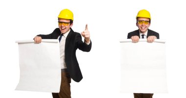 Beyaz üzerine çizimler yapan komik bir mimar.