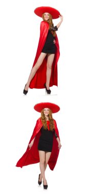 Kırmızı elbiseli Meksikalı kadın beyaz üzerine