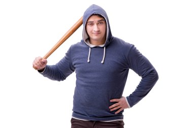 Beyazda beysbol sopası olan genç bir holigan.