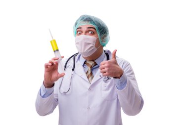 Beyaz şırıngalı komik doktor.