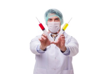 Beyaz şırıngalı komik doktor.