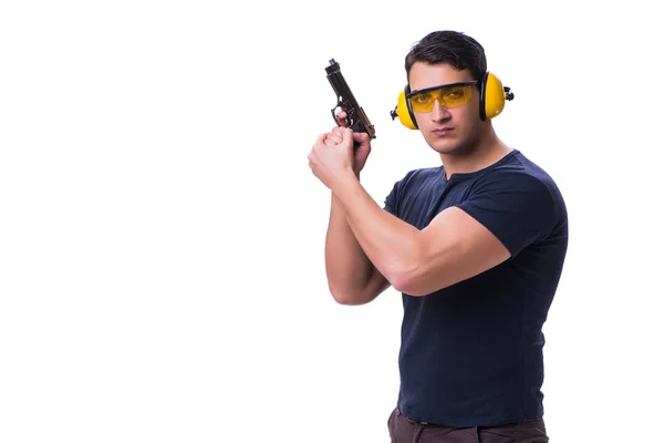 Uomo fare sport tiro da pistola isolato su bianco — Foto Stock