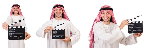 Arabo uomo con film applauso su bianco — Foto Stock