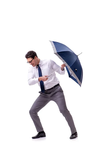 Young businessman with umbrella isolated on white — Stock Photo, Image