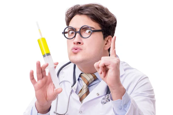 有趣的医生用白色的注射器隔离注射器 — 图库照片