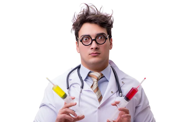 Funny doctor with syringe isolated on white — Stock Photo, Image