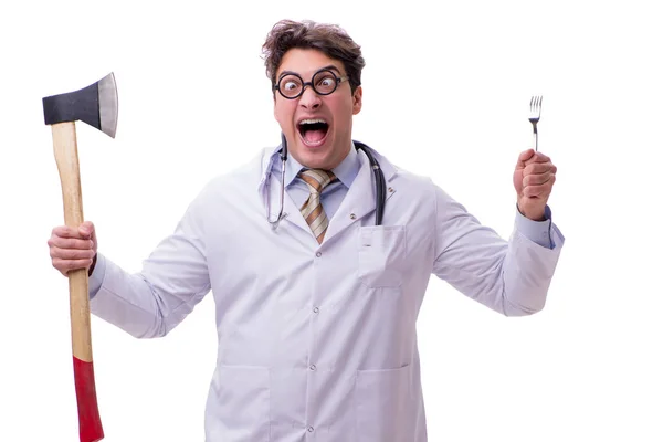 Grappige dokter met bijl geïsoleerd op wit — Stockfoto