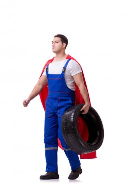 Lastik izole edilmiş beyaz arka planı olan süper kahraman.