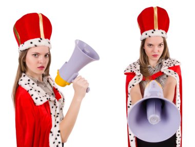 Komik bir hoparlörle konuşan kraliçe iş adamı