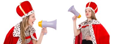 Komik bir hoparlörle konuşan kraliçe iş adamı