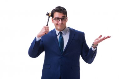 Beyaz arka planda tokmağı olan avukat hukuk öğrencisi.