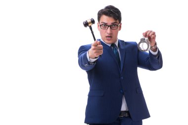 Beyaz arka planda tokmağı olan avukat hukuk öğrencisi.