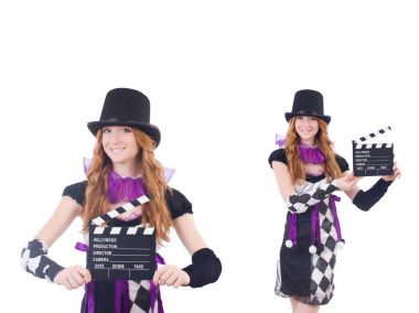 Film board üzerinde beyaz izole kadın