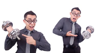 beyaz izole dumbbells ile komik iş adamı