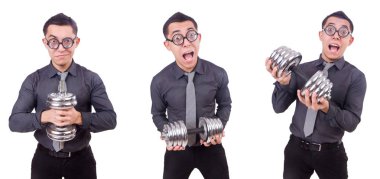 beyaz izole dumbbells ile komik iş adamı
